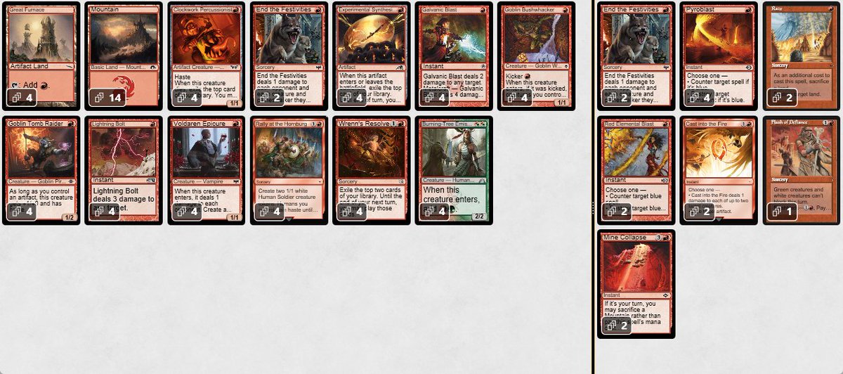 赤単ラリーで５－０！
４－１，１－３，４－１，０－２からの５度目の挑戦でようやく！

フリッカートロン　×〇〇
壁コンボ　×〇〇
レッドネス　〇×〇
黒緑ピリパラ？　○○
赤単ラリー　〇×〇