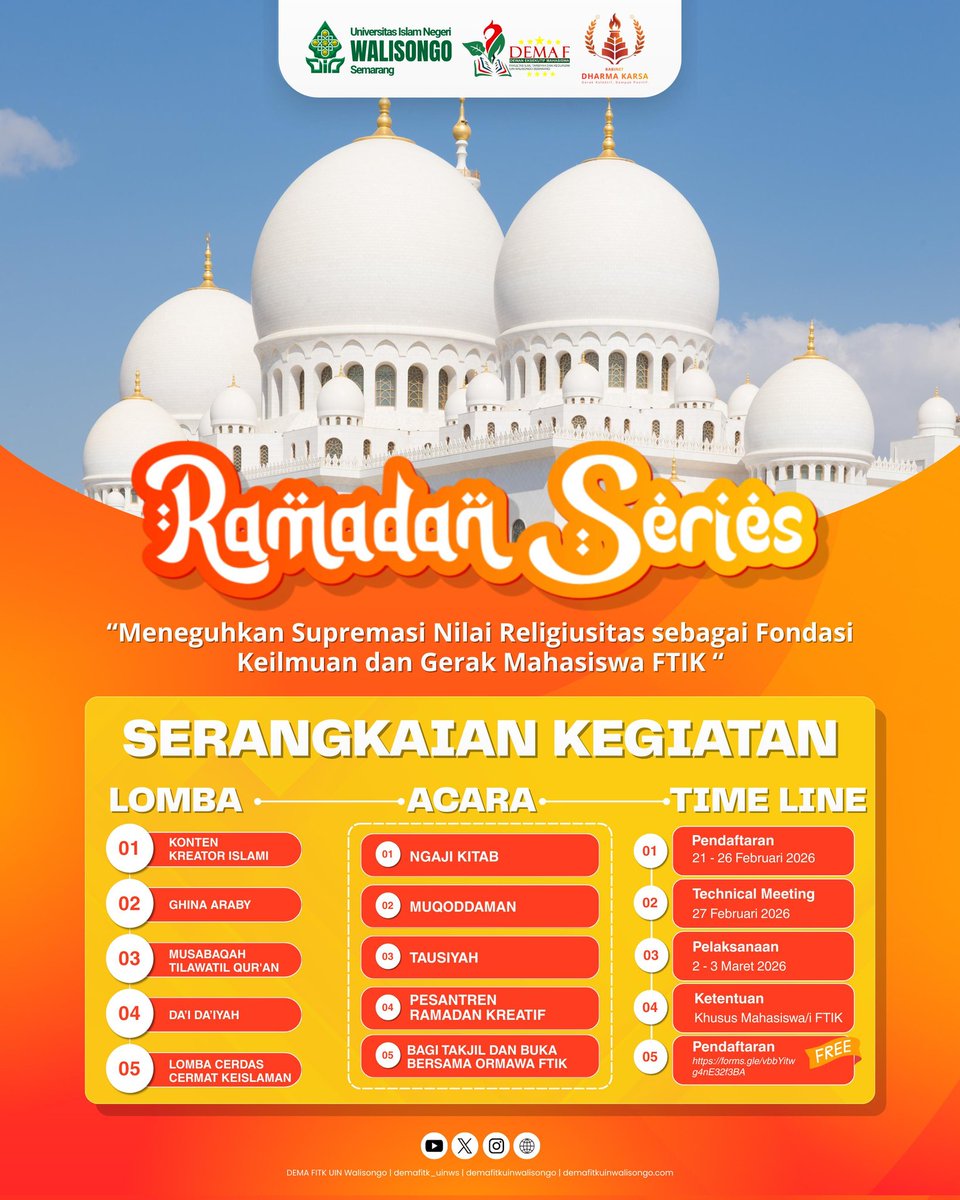 demafitk_uinws's tweet photo. [RAMADAN SERIES DEMA FTIK 2026] ✨

Halo Sobat FTIK! Siap mengisi bulan suci dengan kegiatan yang bermanfaat dan penuh prestasi? 

📍 Daftar Sekarang:
Klik link di bio atau scan QR Code pada slide terakhir!

🔗 Klik link: https://t.co/Fo0MHnBNzE
⁣⁣⁣⁣
#demaftikuinwalisongo https://t.co/vTi6lpuaV7