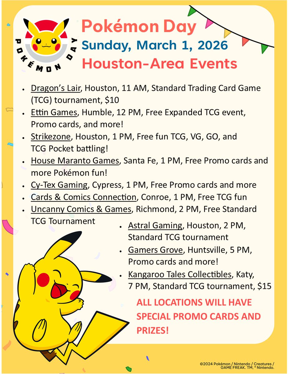 Don't forget - this Friday 2/27 is #PokemonDay! Celebrate 30 years of Pokémon all next weekend at more than 25 events in the greater Houston area! #PlayPokemon