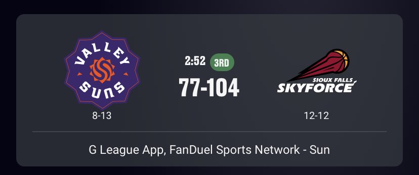 More ⁦<a href="/SFSkyforce/">Sioux Falls Skyforce</a>⁩ ⁦<a href="/GLeagueSuns/">Valley Suns</a>⁩