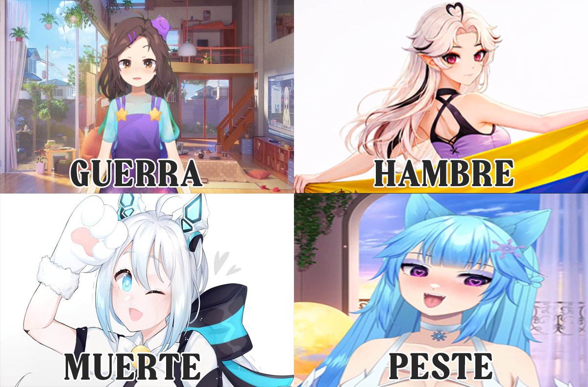 0xvincenti's tweet photo. Dejaré esto solamente... Las 4 Jinetes de la decadencia VTuber (Latam).

Por donde pasa Nimu hay conflictos. 
Homulily es una hambreada de atención. 
La carrera de Asria esta muerta en Latam. 
Pulpi Ara, es una apestada en la comunidad y que solo los más pajeros la tendrían cerca.