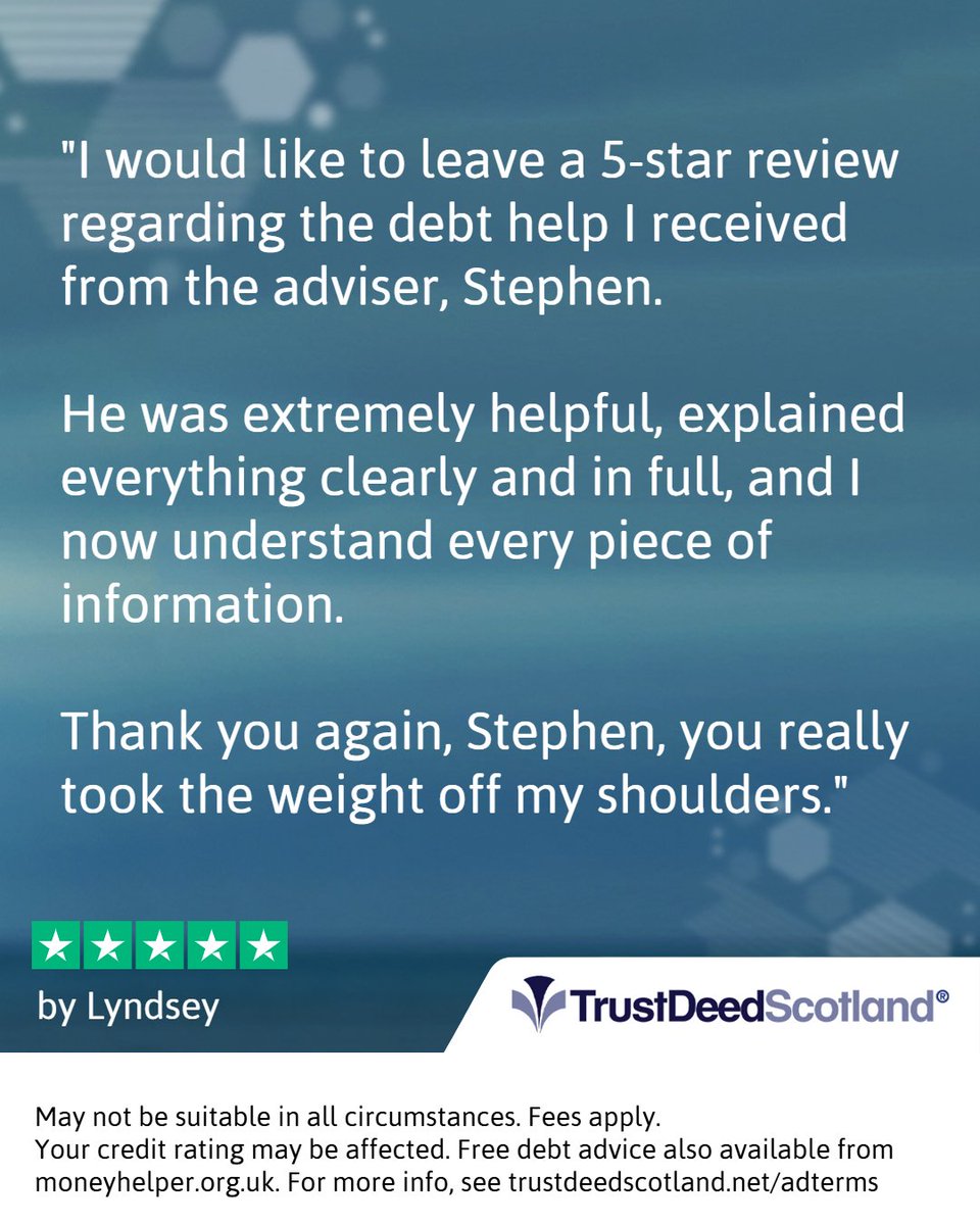 🆕 Trust Deed Scotland® ★★★★★ <a href="/Trustpilot/">Trustpilot</a> review by Lyndsey.

🗨️"I would like to leave a 5-star review regarding the debt help I received from the adviser, Stephen. 

He was extremely helpful, explained everything clearly and in full, and I now understand every piece of