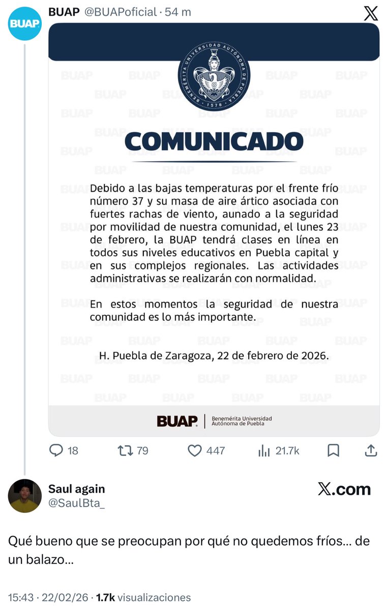 Perdón, pero este mix de “frente frío feat. El Mencho abatido” es de no creerse de la BUAP .