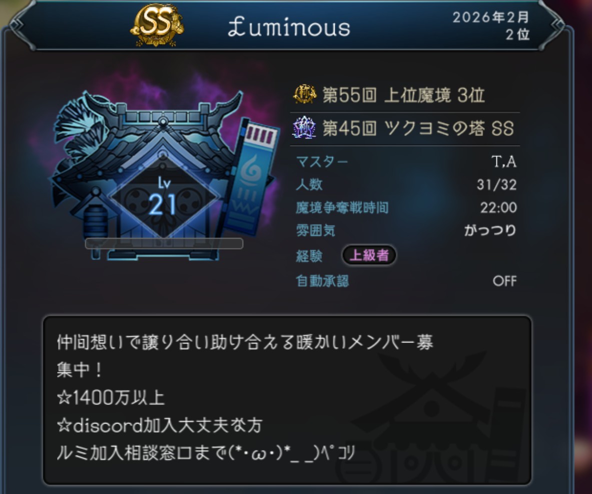 おはようございます(*^^*)
ギルメン募集失礼しますm(_ _)m
おひとり様ご加入になります( * ॑꒳ ॑*)
輪廻20時魔境22時殲滅戦土日22時
ギルマル21時-23時です。
募集妖力1400万以上です。相談可( * ॑꒳ ॑*)
DMまたはアプリ内グル ルミ加入相談窓口までお問い合わせください
お待ちしております(*^^*)