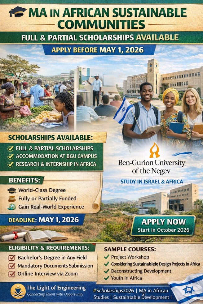 HATEGEKIMA6155's tweet photo. 🚨 SCHOLARSHIP ALERT 🎓
✅ Open to all graduates
✅ Study in Israel + fieldwork in Africa
✅ Applied & Thesis tracks available
📅 Deadline: May 1, 2026
🔗https://t.co/LkglN6NME6
#Scholarship2026 #AfricanStudies #MastersScholarship #StudyInIsrael #TheLightOfEngineering https://t.co/W4A5hJvhXO