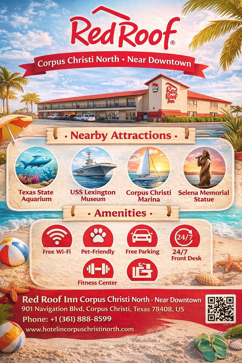 redrooftxhotel's tweet photo. Stay at Red Roof Inn Corpus Christi North, close to the Texas State Aquarium, USS Lexington Museum, and more! 🏖 Book now for a pet-friendly stay with free parking and 24/7 front desk service. 
📞 +1 (361) 888-8599
#RedRoofInn #CorpusChristi #TexasStateAquarium #USSlexington https://t.co/th0igzN9sY