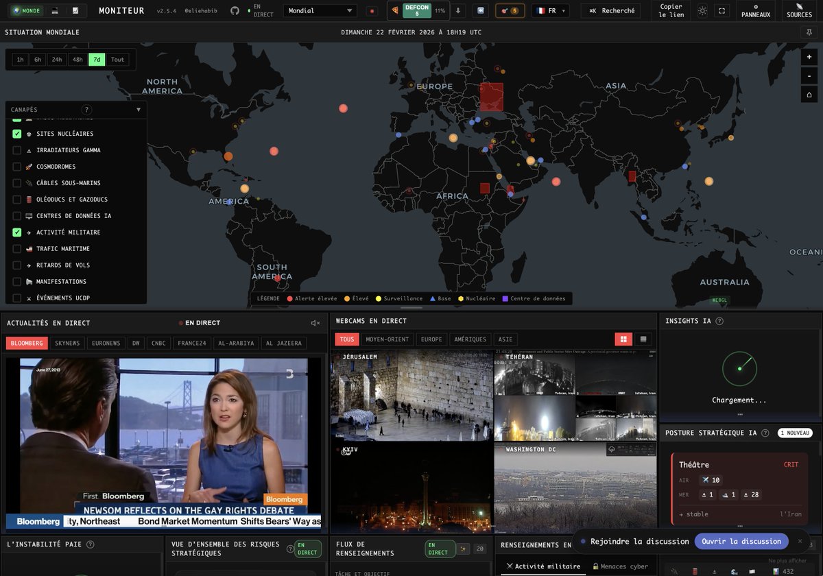 silvano_trotta's tweet image. Quelqu'un vient de créer un tableau de bord d'intelligence mondiale en temps réel et de le mettre gratuitement en open source.

→ Zones de conflit actives avec score d'escalade
→ Plus de 220 bases militaires réparties dans 9 pays
→ Suivi en temps réel des aéronefs militaires