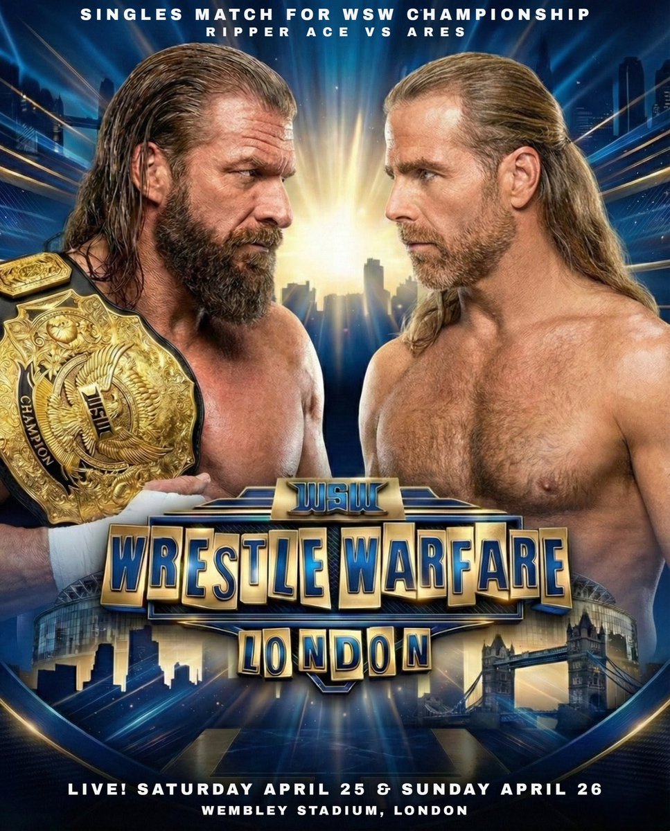 WSWFederation's tweet photo. Two Pillars Of The Regime… One Undisputed Throne!

The Kingpin @WSWRipperAce defends the WSW Championship against his own brother-in-arms, The OG @Ares_WSW, at WSW Wrestle Warfare 7!

Sat, Apr 25 &amp; Sun, Apr 26 | Wembley Stadium, London! https://t.co/NMVd6y0cr2