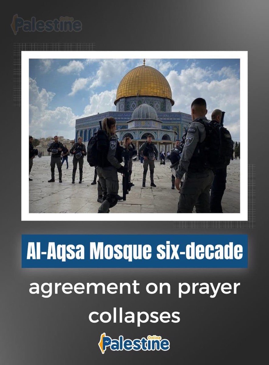 farah_787's tweet photo. A six-decade agreement governing Muslim and Jewish prayer at Al-Aqsa Mosque has “collapsed” amid mounting pressure from Israeli extremists said to be backed by the government.
#IsraelRestrictsJerusalem https://t.co/PxDpaSAMkz