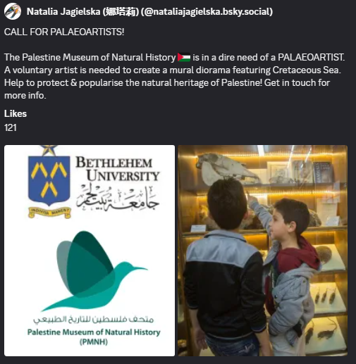 JoschuaKnuppe's tweet image. If you want to support the Palestine Museum of Natural History (which is currently renovating) you can do that directly, by donating, or by producing artwork for them! I already donated some artwork to them
secure.qgiv.com/for/drmazen/