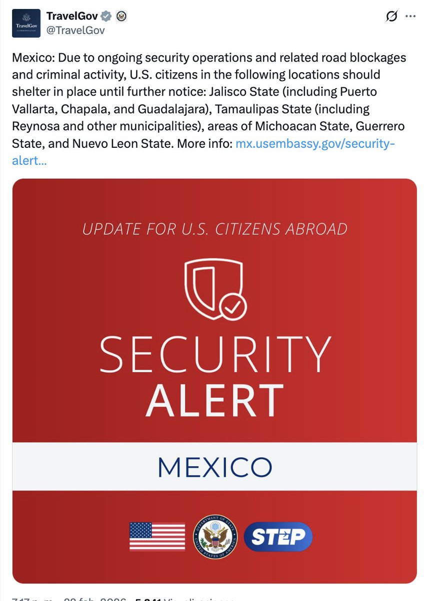 azucenau's tweet photo. 🚨#ÚltimaHora | La Embajada de Estados Unidos en México emite una alerta para sus ciudadanos ante los enfrentamientos y los ataques registrados tras el reporte de la muerte de "El Mencho".

Piden refugiarse a quienes estén en:

- Jalisco (incluidos Puerto Vallarta, Chapala y Guadalajara)
- Tamaulipas (incluidos Reynosa y otros municipios)
- Michoacán
- Guerrero
- Nuevo León