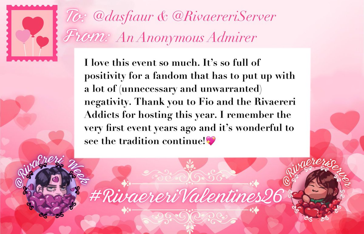 <a href="/RivaereriServer/">Rivaereri Addicts 🗝️☕️✨</a> Thank you for supporting me through this event. Doing it alone is hard, so all the promo and support from this server, and the mod <a href="/Sugar6Sins/">Sugar 🩷✨🧁</a> really means the world 🩷🩷🩷