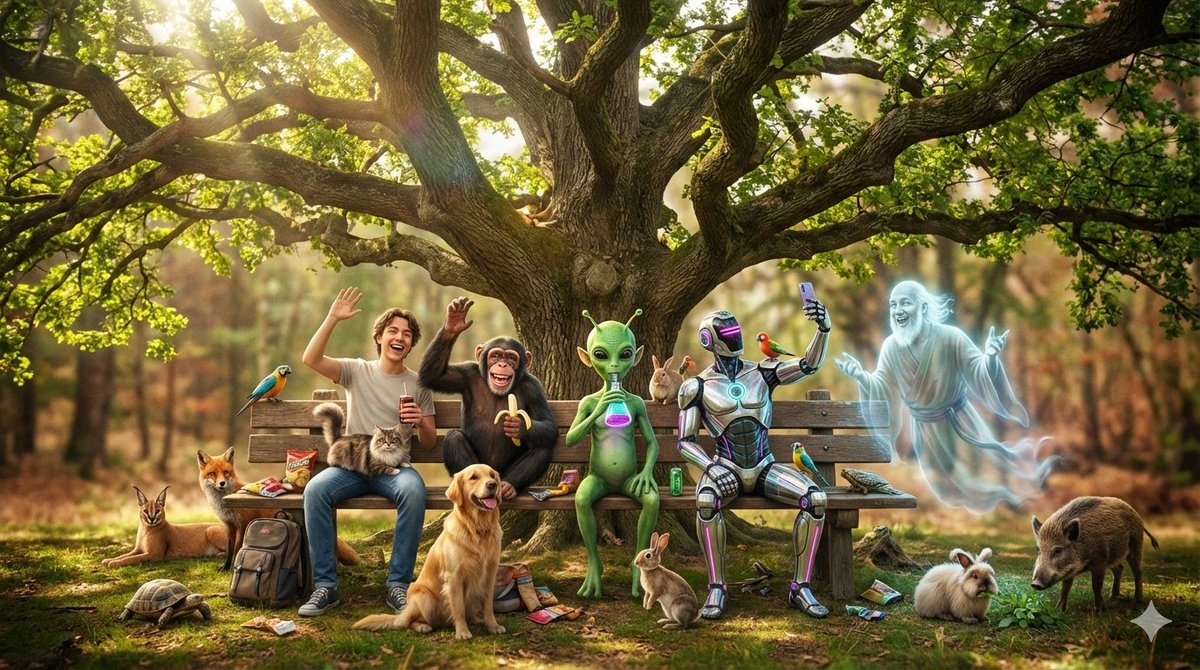 alpiravnsonn's tweet photo. "The Cosmic Fellowship"

#friendship #fellowship #unity #interscpecies #harmony #togetherness #companion #ghost #alien #ape #human #robot #alien #animals #oaktree #happiness #optimistic #cosmic #joy #fantasy #AI #NanoBananaPro #JSONprompt https://t.co/i1cS73P3Hs