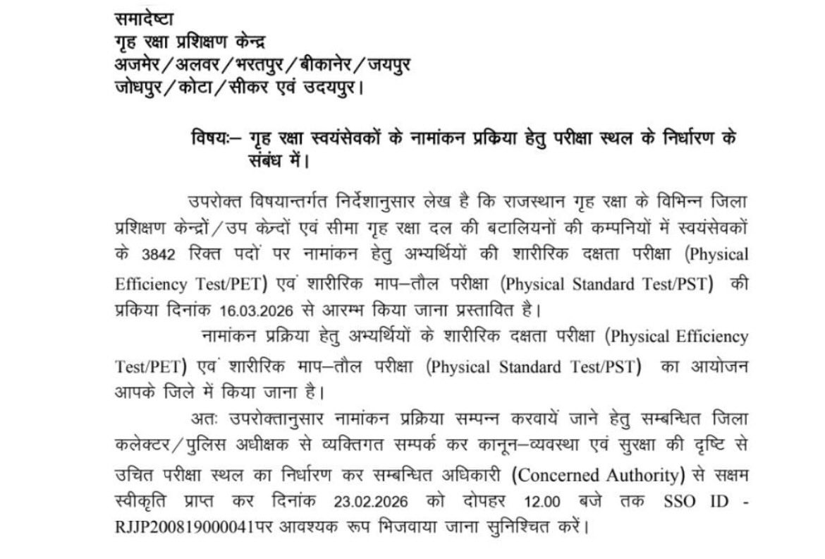 होमगार्ड स्वयंसेवक 2023 सदस्यता चयन को लेकर फिजिकल 16/03/26 से शुरू होंगे ।।
आवेदन पूर्व में यानी 2023 (जनवरी से फरवरी) भरवा लिए गए थे ।।
संख्या = 3842 
विशेष- फॉर्म रीओपन के लिए मंत्री जी ने बोला था लेकिन उससे 2023 में जिन्होंने आवेदन किया था उनके साथ अन्याय होता इसलिए इसमें
