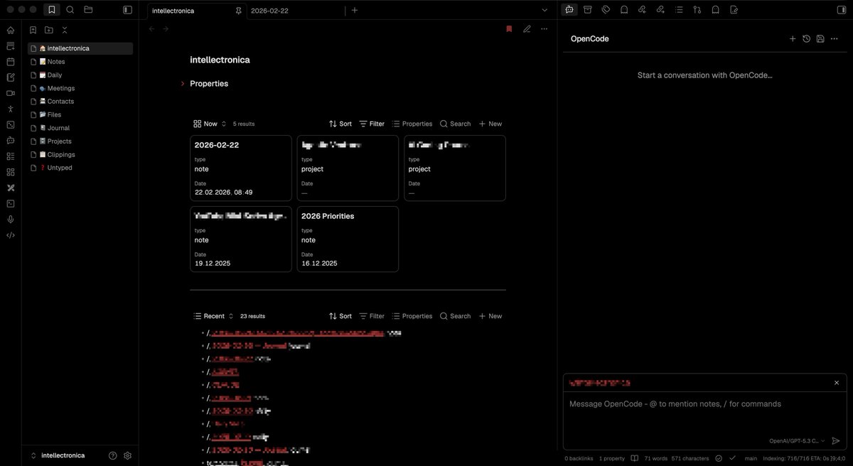 A few notes on agentic <a href="/obsdmd/">Obsidian</a> (about a week in):

- This is amazing. So fast, so flexible.
- Bases for everything. All my notes have a `type` and matching template and structure. Bases organise them, the agent knows how to create, query, and update them.
- All notes are