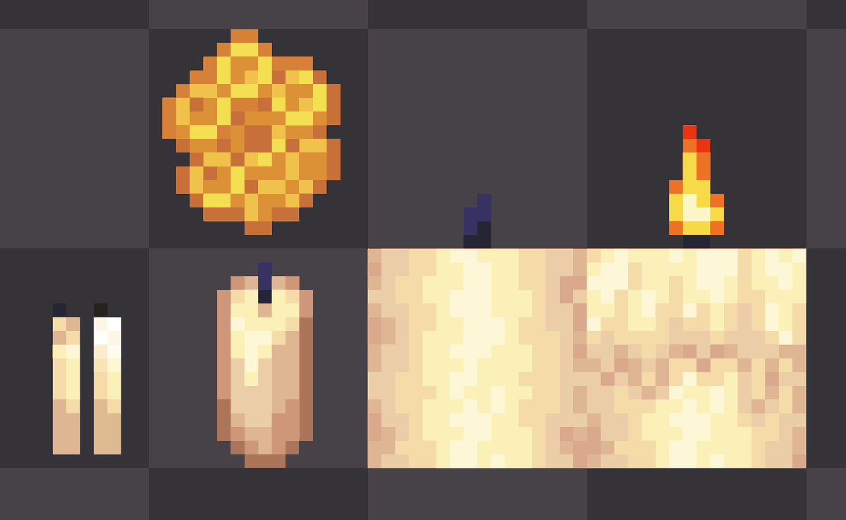 Nopeable_'s tweet photo. Working on a new project and figured I'd post some of my progress with making the assets. Introducing, Large Candles! Crafted with a Honeycomb Block and String, perfect for making any build look a little more wicked.

#minecraft #pixelart https://t.co/WpcKIr5QiX