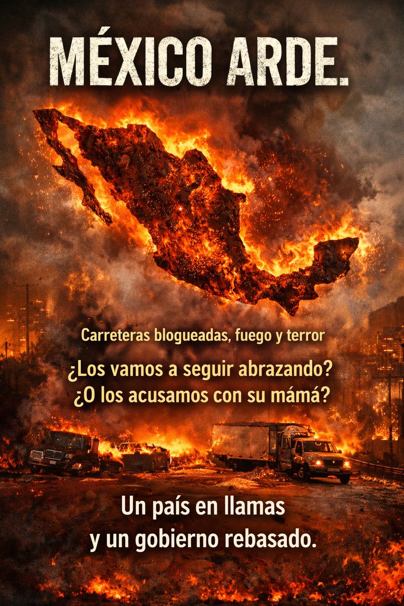 México arde.
Carreteras cerradas, ciudades paralizadas, aeropuertos en caos, miedo en las calles.
El narco manda, la gente corre, y el Estado… desaparecido.

Hoy el país no está en “percepción de inseguridad”.
Hoy está tomado.

Mientras sicarios bloquean, queman y aterrorizan,