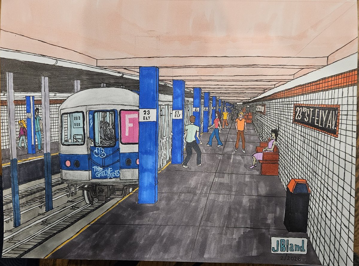 railenthusiart's tweet photo. Another one in the books. I title this piece "53rd St Boogie" 1976 scenery featuring a train of R40M Subway Cars on a southbound F train at 23rd St-Ely Av station in Long Island City, Queens.
#subwaydrawings
#railenthusiart
#smallartists
#trainart
#nycta https://t.co/en1dC0ZHMj
