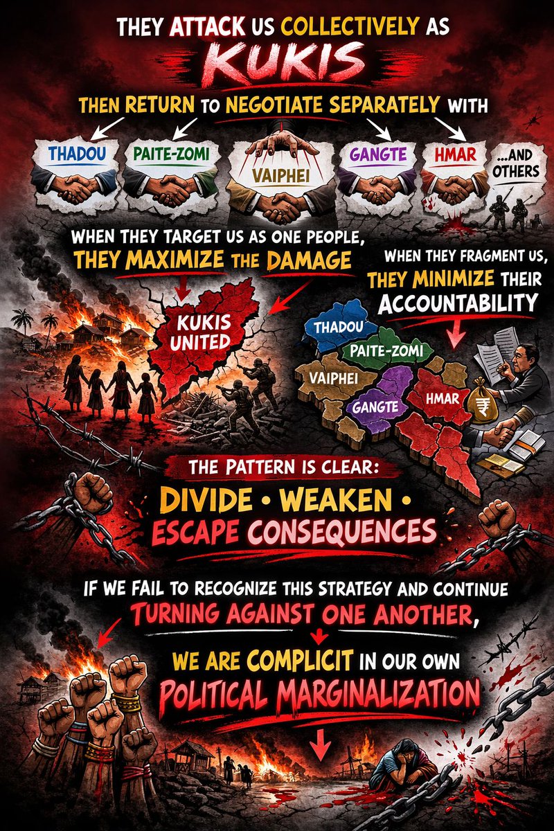 shershabadia's tweet photo. The Manipuri hindus attack you collectively as Kukis to maximize damage, then return to negotiate separately with Thadou, Paite-Zomi, Vaiphei, Gangte, Hmar, Zou, to minimize accountability. Those tribals who still cannot see the Meitei design, you deserve to be slaves of Meiteis forever.
Just see how they choose the date of May 3 to do Genocide! They killed Pangals in 1993 but after may 3 2023 Biren went to a slain pangal home killed by Hindu Meiteis ! The Meiteis have beef with Nagas of Manipur but haven't disturbed them at all this time! 
This is called Machiavelli tactics ! Divide and Rule! 
It's pointless to worship the same Almighty God and follow Jesus when you can't unite as one ! Ethnicity should not be that important for Christians !
