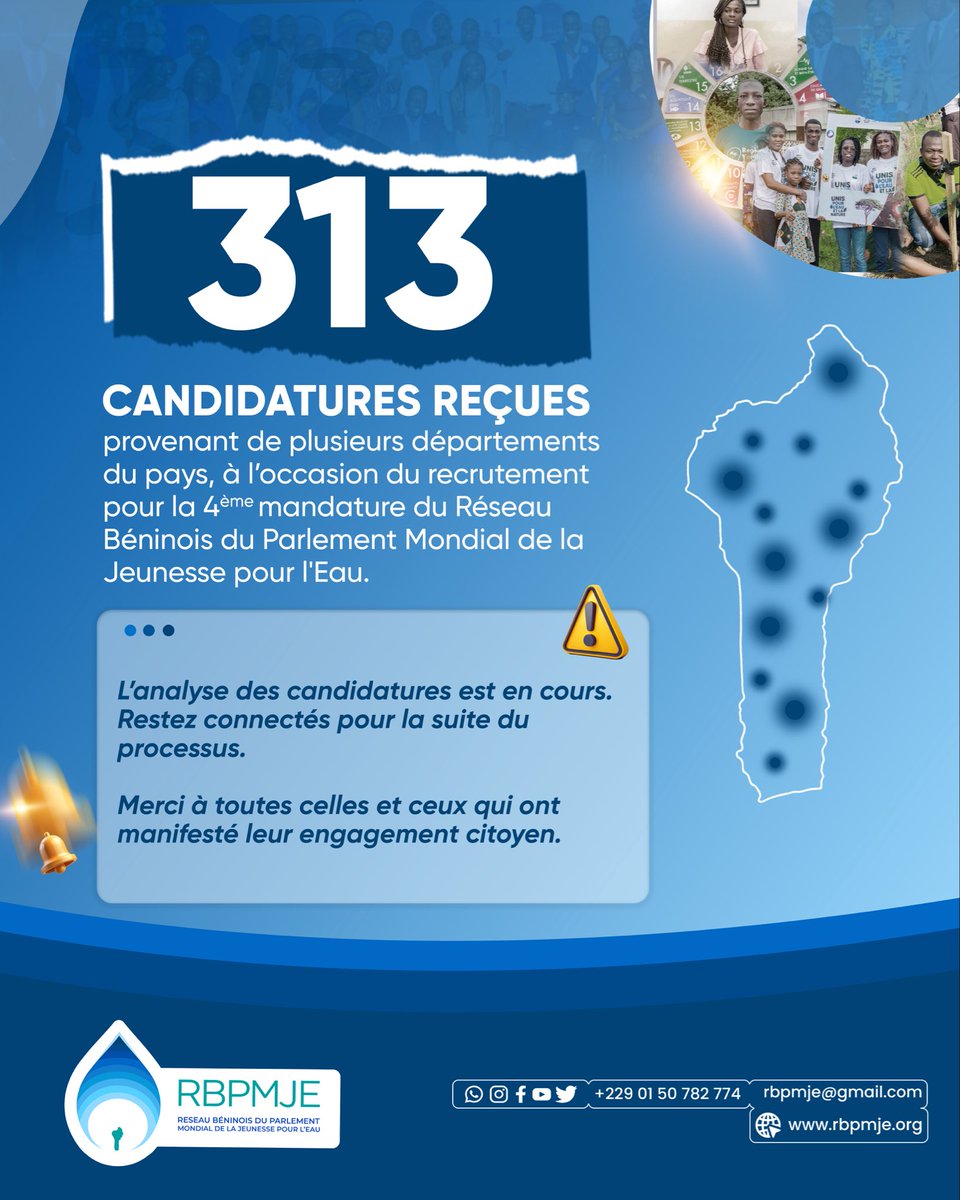 #WeMoveForwater
À l’occasion du recrutement pour la 4ᵉ mandature pour le compte du <a href="/PmjeRb/">RB/PMJE</a>, 313 dossiers ont été enregistrés, provenant de plusieurs départements du pays.
L’analyse des candidatures est en cours. Restez connecté.es pour la suite du processus.