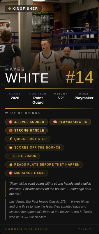 CoachChrisStarr's tweet photo. Hayes White | 6'2" PG | Kingfisher @hayeswhite_
Playmaking PG shooting near 40% from 3. Hit an and-one three to take the lead in Vegas, then sprinted back and blocked the game-winning attempt at the buzzer. #Unsigned2026 https://t.co/ONeUJYhmD4