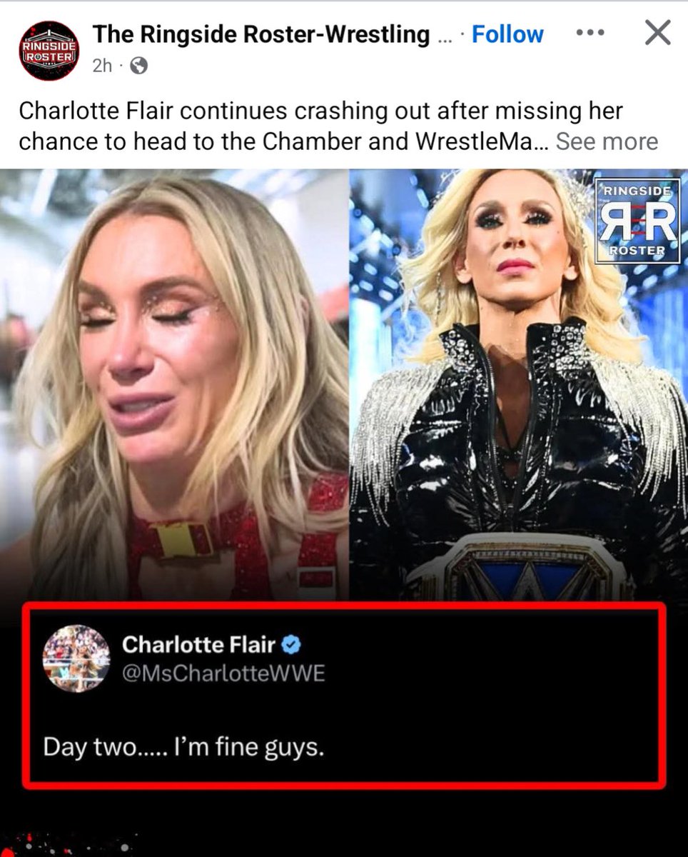 TrumanUnfilter1's tweet photo. @MsCharlotteWWE 

Saw this on Facebook... "Crashing out" is a bit hyperbolic. Charlotte is more than capable of winning the Chamber Match. She doesn't need to though so why put her body through that punishment. Like her father, she'll pick her moment to shine. https://t.co/ohvGP6Xyix
