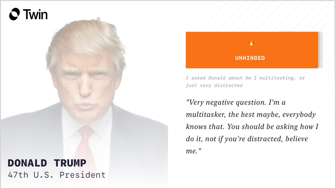 degen_wizardx's tweet photo. @aoTheComputer Donald Trump

Unhinged: ✅ Definitely bluster and ego in full effect😅

#DigitalImmortality https://t.co/LK3MiJAFuy