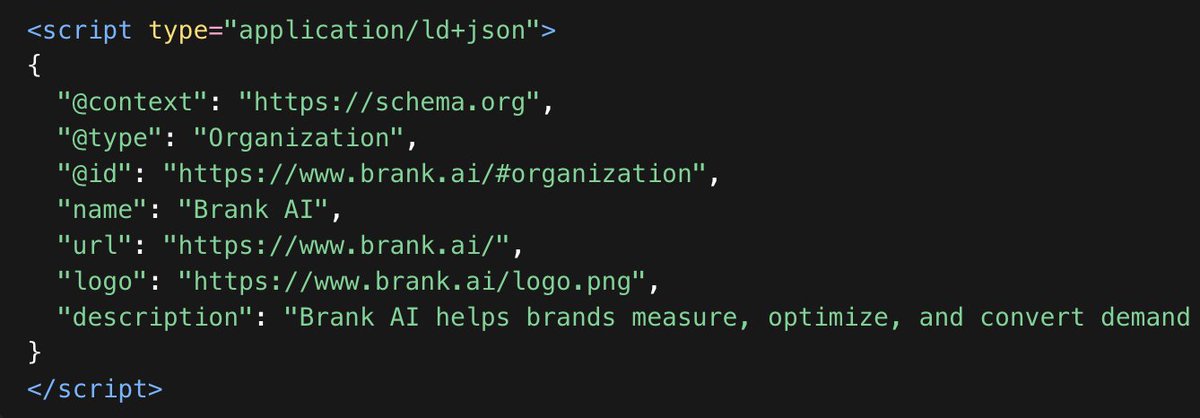 brank_ai's tweet photo. 1.2/100

Add Organization + WebPage schema to your templates so AI agents can see your company as a clean, machine-readable entity they can trust and cite. Here we show you the Organization and WebPage schema for https://t.co/Y1JwaT4ZSO. https://t.co/HAcuNg7h6i