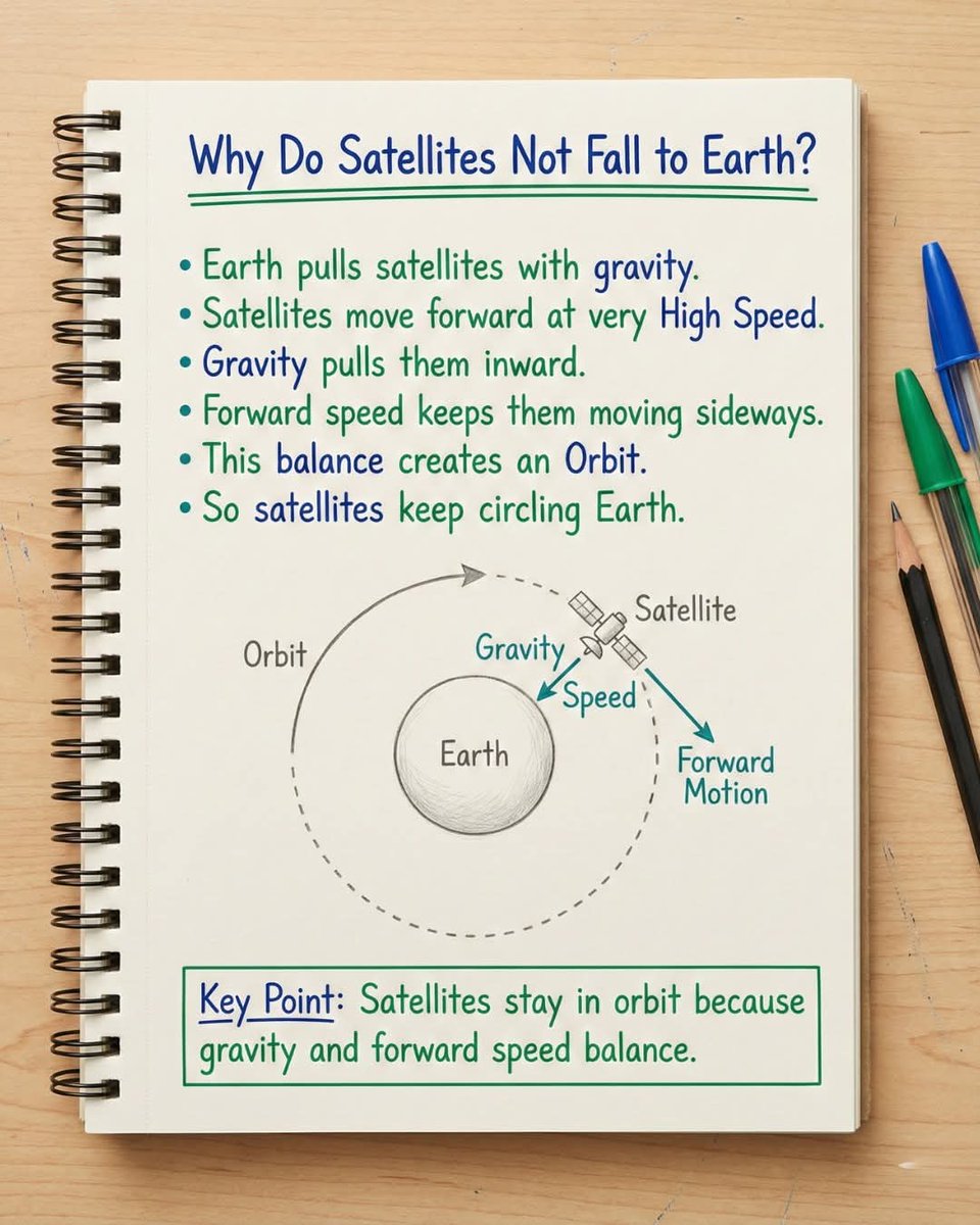 🛰️ Why Satellites Don’t Fall to Earth

Earth pulls satellites with gravity.
But satellites move forward at very high speed.

Gravity pulls inward.
Speed pushes sideways.

This balance creates orbit.

That’s why satellites keep circling Earth. 🌍

#SpaceScience #Satellites #ORBIT