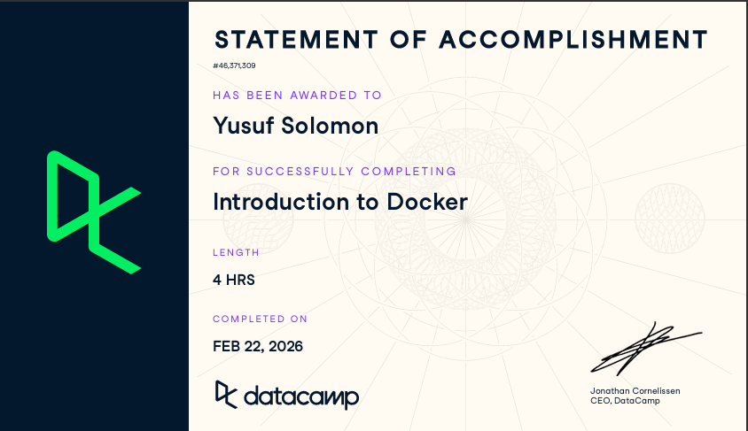 Day 14 of #30DaysOfDataChallenge      
Took the introduction to docker course
I already use docker, so i didn't learn much.
But i did learn about security considerations when runing docker containers.
<a href="/DataCampDonates/">DataCamp Donates</a>
<a href="/DataFestAfrica/">Data Community Africa</a>
#DCA #DCDonates