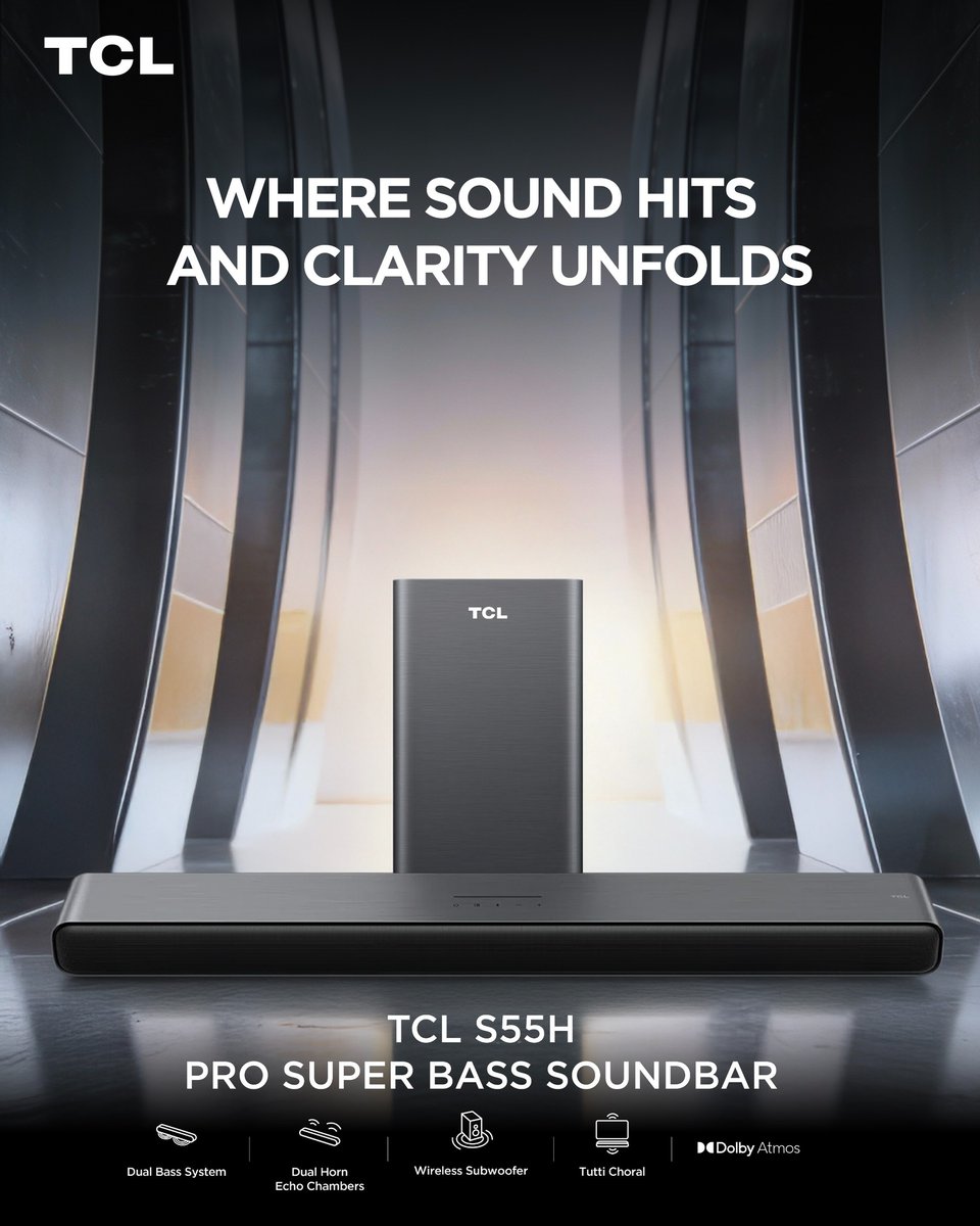 ghana_tcl's tweet image. Feel the impact of every moment With deep bass and cinematic clarity the TCL S55H Pro Super Bass Soundbar brings movies music and sport to lifeSound that moves you.

#TCL #InspireGreatness #S55H