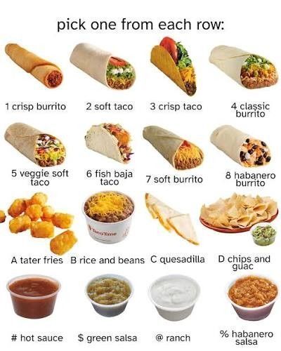 Pick one from each row, I think its rude I cant pick all of them lol 

3, crips taco, 6 fish baja taco, tater tots ( why would you out these with the others things I would pic! ) and ALL THE SAUCES!! EFF YOU!! you cant make me choose! 😭

#communitypost #memes #pickone