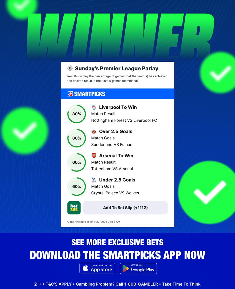 SmartPicksPro's tweet image. CASH THE SOCCER PARLAY 🤑🤑🤑

A +1100 winner as simple as it gets...

Can't wait to use our betting tool on the World Cup this Summer... it's coming 😍⚽️

SMASH THAT ❤️ IF YOU'VE BEEN CASHING WITH SMARTPICKS!!!