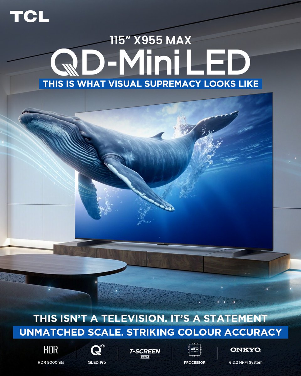 ghana_tcl's tweet photo. Experience QD-MiniLED brilliance on an immersive 115” display . Scenes don’t play, they surround you, with precision light and breathtaking depth. 115” X955 QD-MiniLED TV, where scale, control and colour exists without limits.
#QDMiniLED #QDMiniLEDTV #TCLTVs #X955Max https://t.co/FLDeYGSFYM