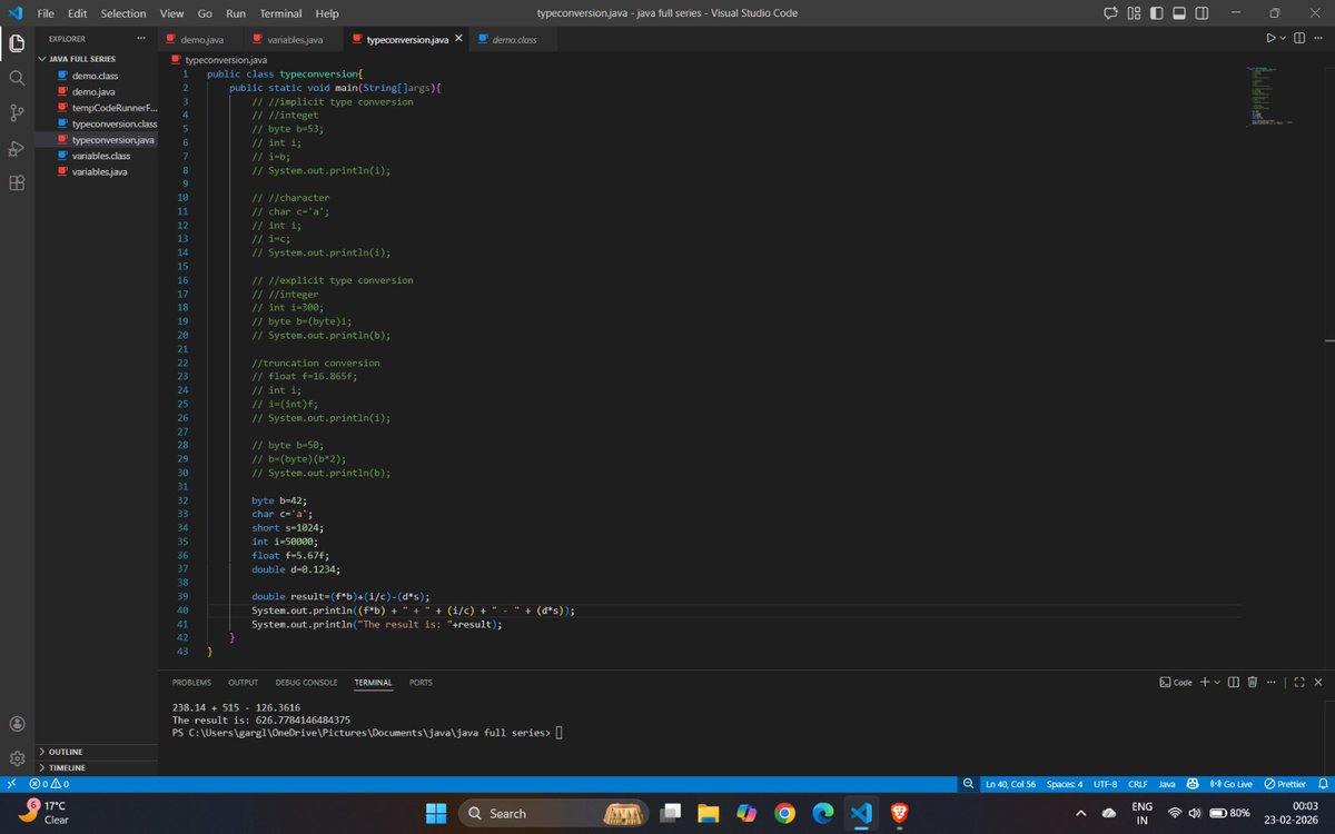 Lakshay15852's tweet photo. Day 4 of Teaching Java with @adityatandon02🚀

Today we covered how data is stored (floats &amp; negative numbers) and understood type conversion — implicit, explicit, truncation, and automatic type promotion rules.

#Day4 #Java #Teaching #CoderArmy #ProgrammingBasics https://t.co/cFtSr9Iotw