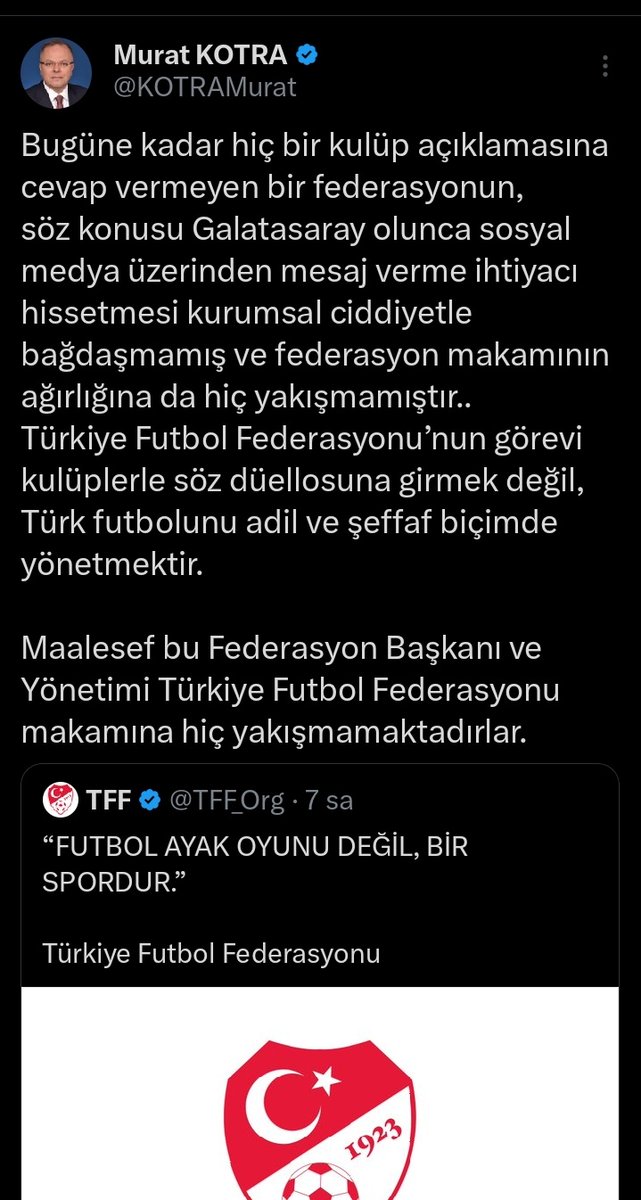TFF'nin açıkça Galatasaray'a savaş açan açıklaması sonrası Milliyetçi Hareket Partisi MYK üyesi Murat Kotra'nın paylaşımı: