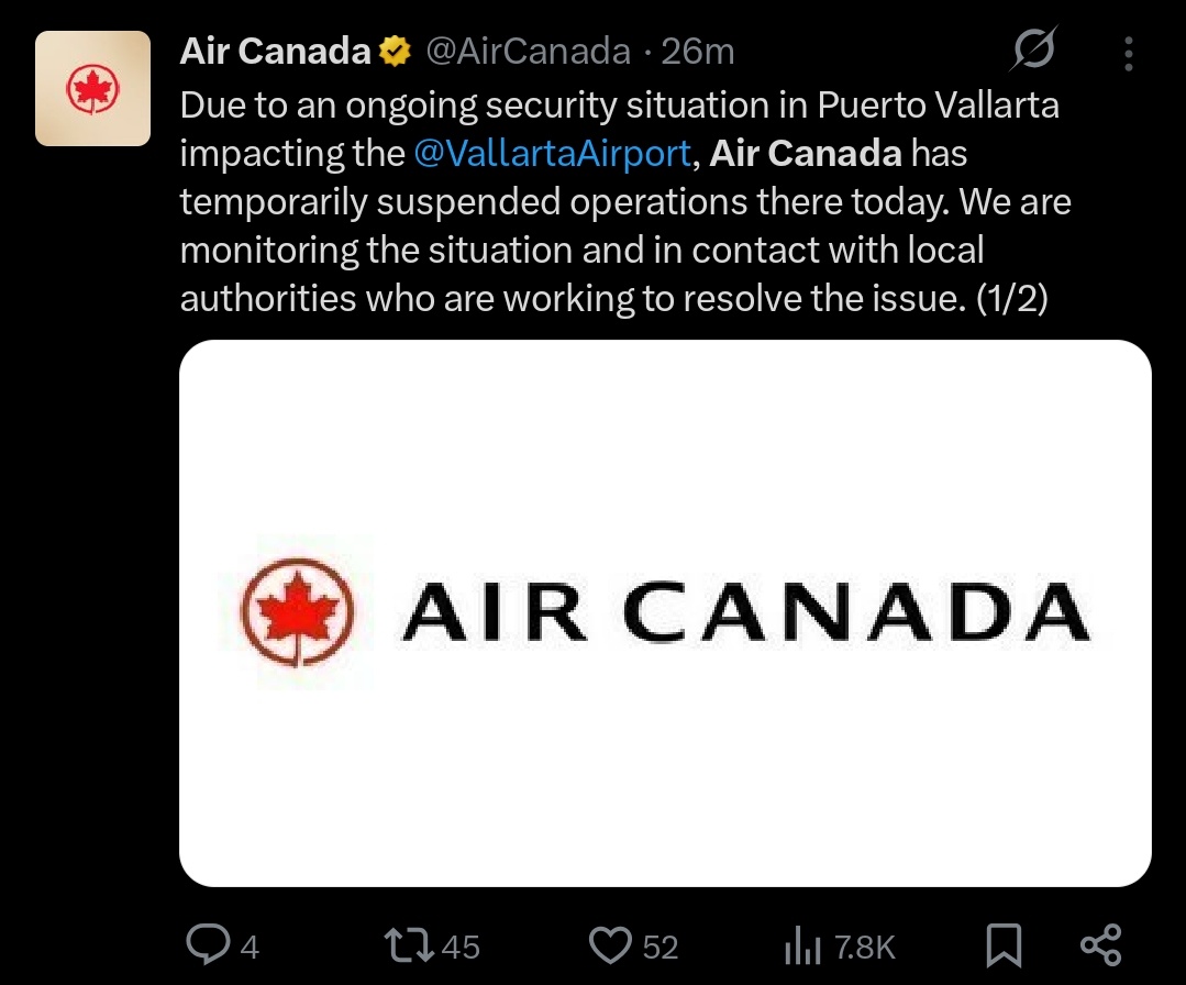 JUST IN: AIR CANADA STOPS FLIGHTS

Not long ago, Air Canada issued a statement announcing the STOPPAGE of all flights at the Vallarta Airport effective immediately due to violence arrupting, thus leaving many Canadians stranded abroad!

Are you stranded? Are you sheltering in
