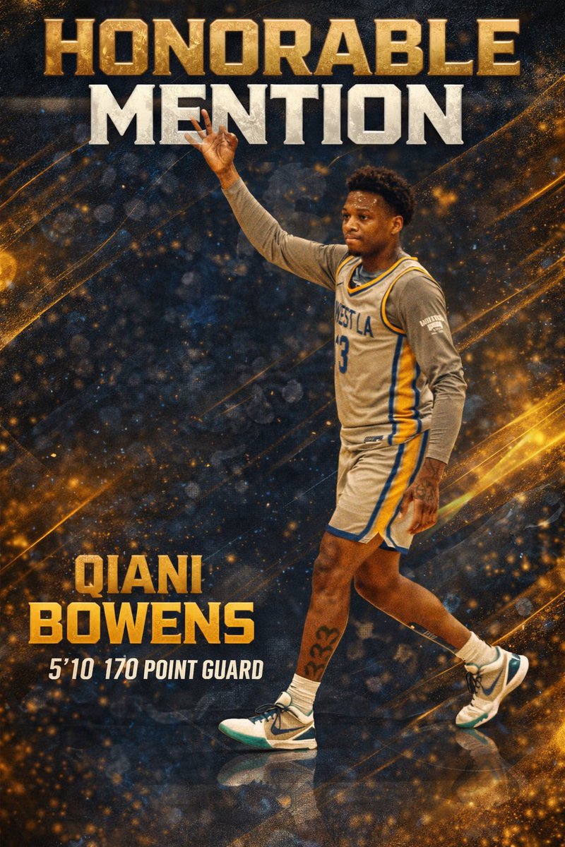 Congrats To West LA College PG 5’9 170 Sophomore <a href="/qianibowens3/">qiani bowens</a> He Was Named Honorable Mention All-Conference. He averaged 7.3PPG 45.2%FG 31.3%3FG 73.1%FT 2.5RPG 2.5APG. <a href="/westlamensbball/">West Los Angeles College Men’s Basketball</a> <a href="/JUCOroundup/">JUCO Round Up</a> <a href="/sgnlthelgthoops/">John Bynum Jr.</a> <a href="/JucoAssistance/">Juco Prep Assistance</a> <a href="/JUCONationHoops/">JUCO Nation Hoops</a> <a href="/CoachX_Allison/">Xavier Allison</a> <a href="/CoachAshton23/">Jordan Ashton</a>