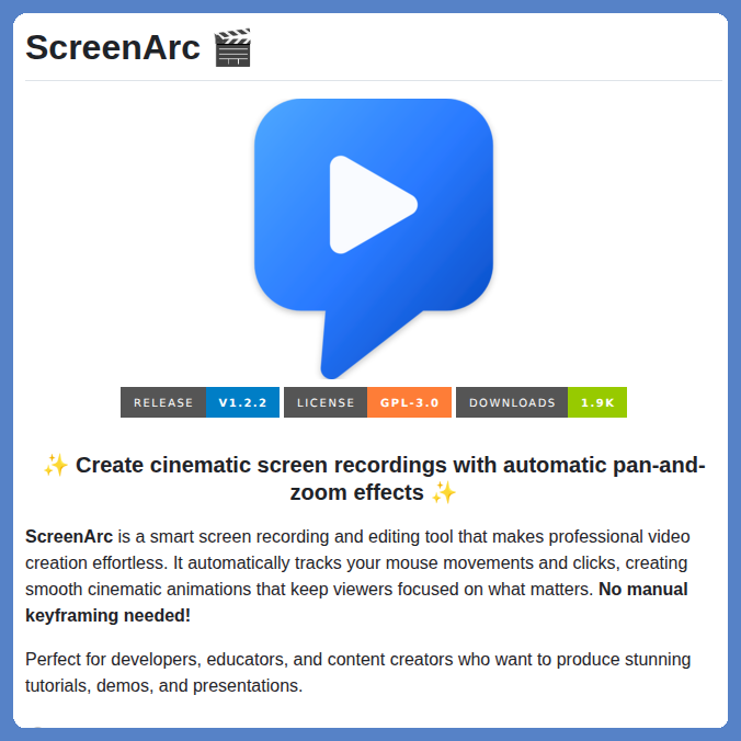 Screen recorder with automatic pan and zoom effects

github.com/tamnguyenvan/s…