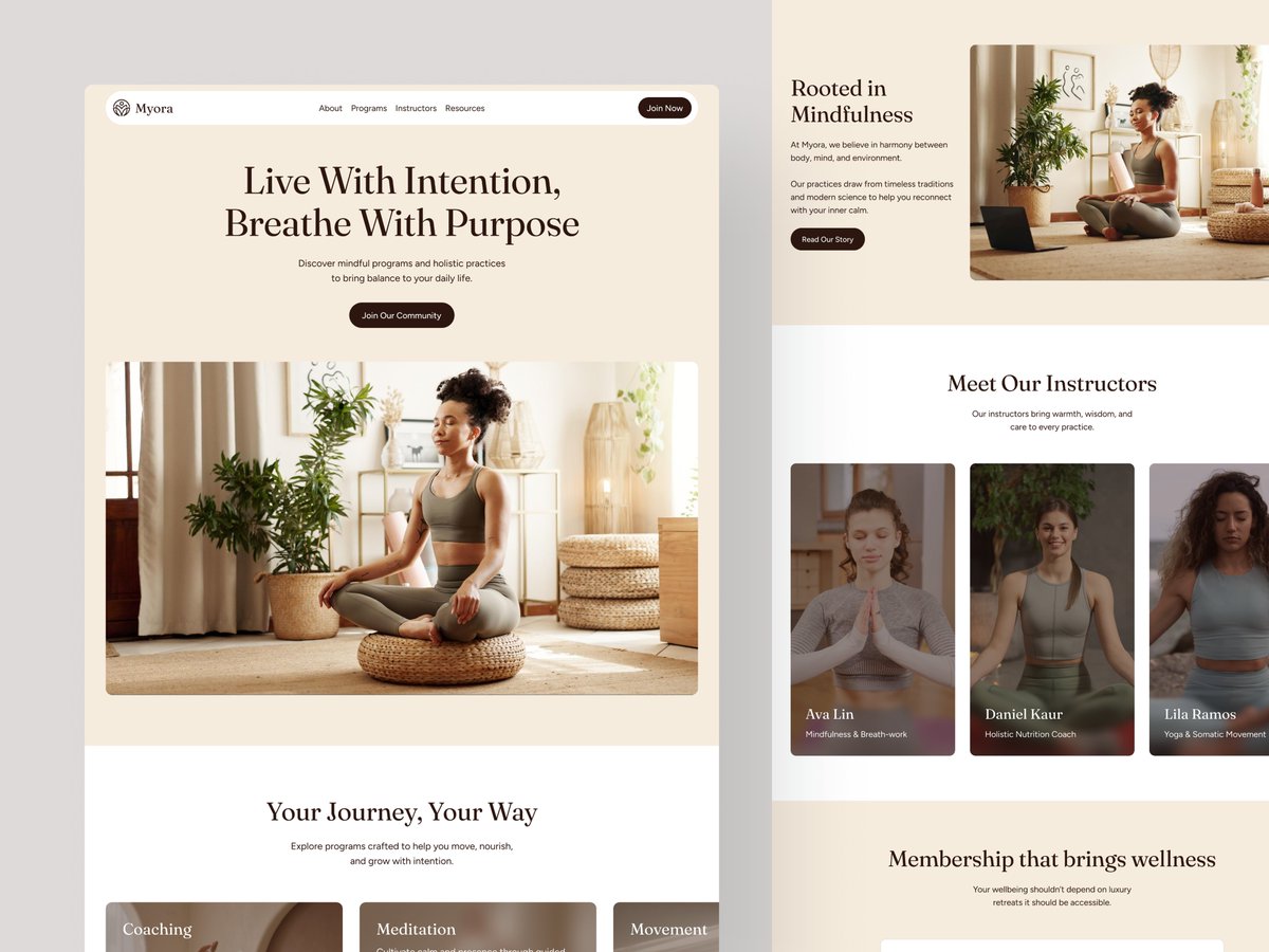 Your wellness brand should feel peaceful before anyone reads a word.

Myora creates calm, high-trust digital experiences for yoga and coaching brands.

Take a look: framer.link/evV8WoJ