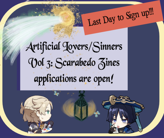 Applications are going to close soon. Last day to sign up to contribute to the scarabedo zines!!! ☂️🌻 
Form Link: forms.gle/h7iK2PBV9T8NKd…