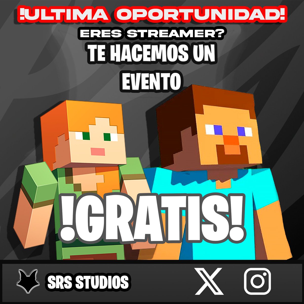 🎮 ¿Eres Streamer o Youtuber?   
¡En SRS Studios queremos recompensarte!  
 Te organizamos un evento de Minecraft totalmente 
GRATIS 📷
✨Nosotros nos encargamos de todo, tú solo disfruta la experiencia. 
¡SOLO ENVIANOS DM Y YA!
(terminos y condiciones en Dm)
 #Minecraft