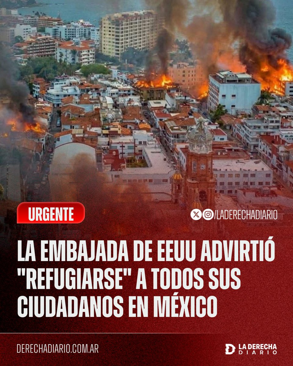 🚨🇺🇸🇲🇽 | #AHORA CAOS NARCO EN MÉXICO: La Embajada de Estados Unidos emitió una alerta de seguridad y advirtió "refugiarse" a todos sus ciudadanos en los estados mexicanos de Jalisco, Tamaulipas, Michoacán, Guerrero y Nuevo León tras la muerte del narco más poderoso del país.