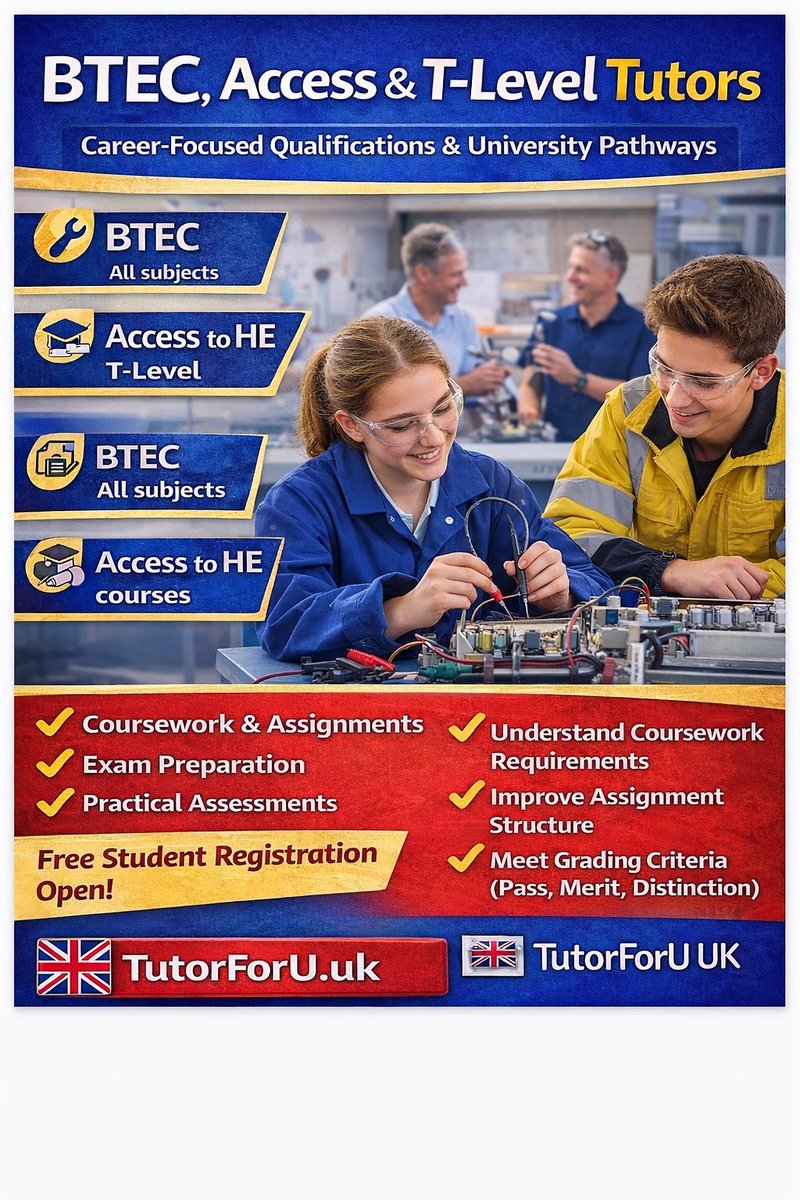 Tutorforuuk's tweet photo. BTEC, Access or T-Level student? 

Get expert support for:
✔ Coursework
✔ Assignments
✔ Exam prep
✔ Practical assessments
Pass → Merit → Distinction 
Free registration 
https://t.co/Or3rW7ljxO
#BTEC #TLevel #AccessCourse #UKStudents https://t.co/xWrqE70yUH