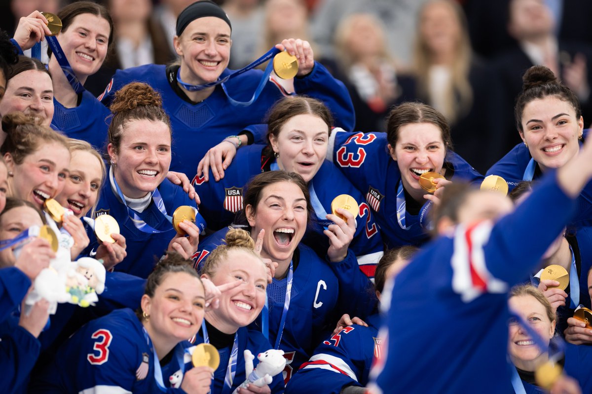 NEWSMAX's tweet photo. DOUBLE VISION 🥇: For the first time in Olympic history, both Team USA’s men’s and women’s hockey teams are gold medal winners — both defeating Canada in overtime to win the championship in Milan! https://t.co/zADKaE3SAV