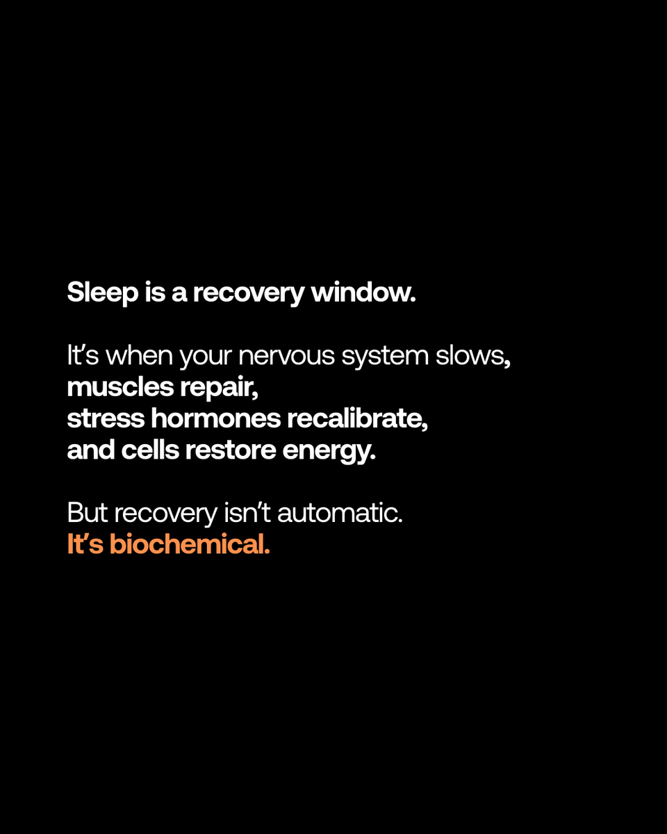 im8health's tweet photo. Even a full night of sleep doesn’t guarantee full recovery.
That’s because recovery still depends on what your body has available to rebuild.

Sleep is when your nervous system resets, muscles repair, and energy stores recharge but those processes require nutrients.
Magnesium and key cofactors support relaxation, stress regulation, and cellular energy production.

This is why recovery matters just as much as rest.
Smart recovery supports both.

#IM8 #IM8health #recovery #sleepquality #magnesium