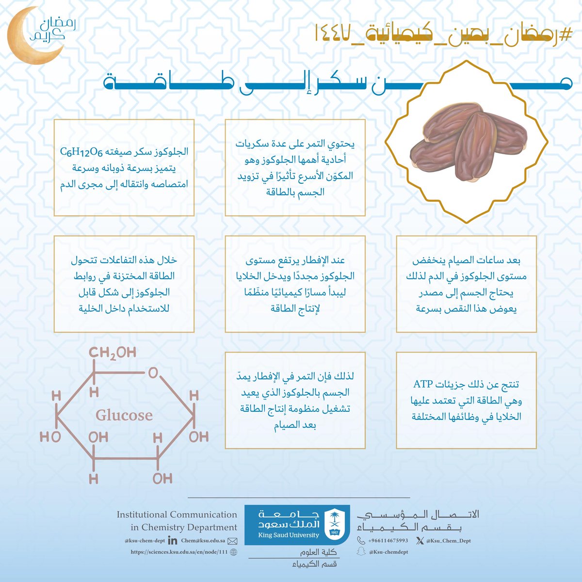 مع ثاني بطاقات #شهر_رمضان ضمن سلسلة #قسم_الكيمياء_KSU
#رمضان_بعين_كيميائية 1447هـ

في #الصيام لا نشعر بالجوع فقط، بل ينخفض الجلوكوز، وتترقب الخلايا مصدرًا سريعًا للطاقة

ومع الآذان وفي مشهد #كيميائي ، تأتي التمرة لتعيد إمداد منظومة الطاقة

<a href="/_KSU/">جامعة الملك سعود</a>
<a href="/KSU_FC/">المدينة الجامعية للطالبات</a>
<a href="/CSCIENCE_KSU/">كلية العلوم-جامعة الملك سعود</a>
