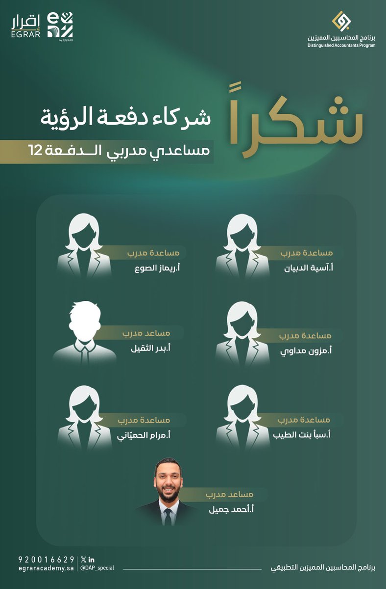 في ختام الدفعة الثانية عشرة من #برنامج_المحاسبين_المميزين ، نتقدم بخالص الشكر والتقدير للمدربي ومساعدي المدربي،تقديرًا لجهودهم المتميزة ومساهماتهم القيمة في البرنامج✨