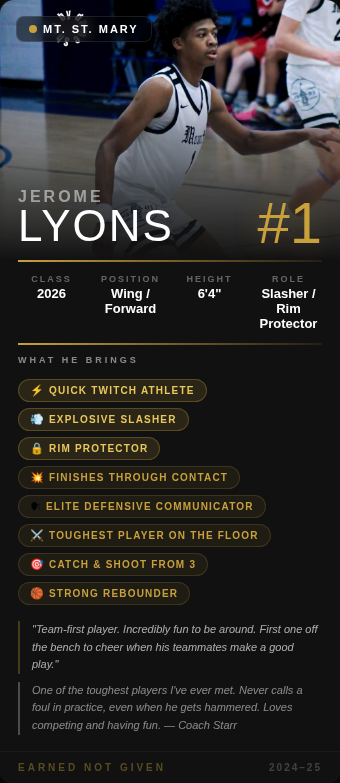 CoachChrisStarr's tweet photo. Jerome Lyons | 6'4" W/F | Mt. St. Mary @jeromelyons_ 
Quick-twitch athlete with explosive slashing and rim protection. Toughest player I've ever met — never calls a foul in practice, even when he gets hammered. #Unsigned2026 https://t.co/DBXCXZaXyQ