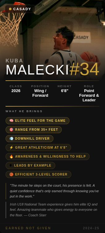 CoachChrisStarr's tweet photo. Kuba Malecki | 6'8" W/F | Casady @kuba__malecki
Point forward with Irish U18 National Team experience. Range from 35+ feet, drives downhill, and has elite feel for the game at 6'8". His presence is felt the minute he steps on the court. #Unsigned2026 https://t.co/yMvU37XiFo